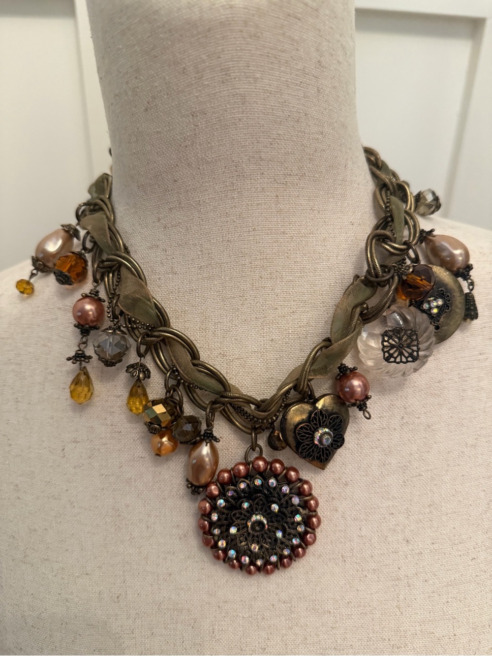 J. Crew Bronze Chain Necklace with Amber and Pearl Accents